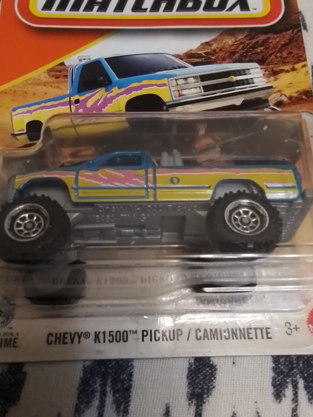Matchbox Chevy K1500 Pickup - Blue & Yellow with Pink Stripe